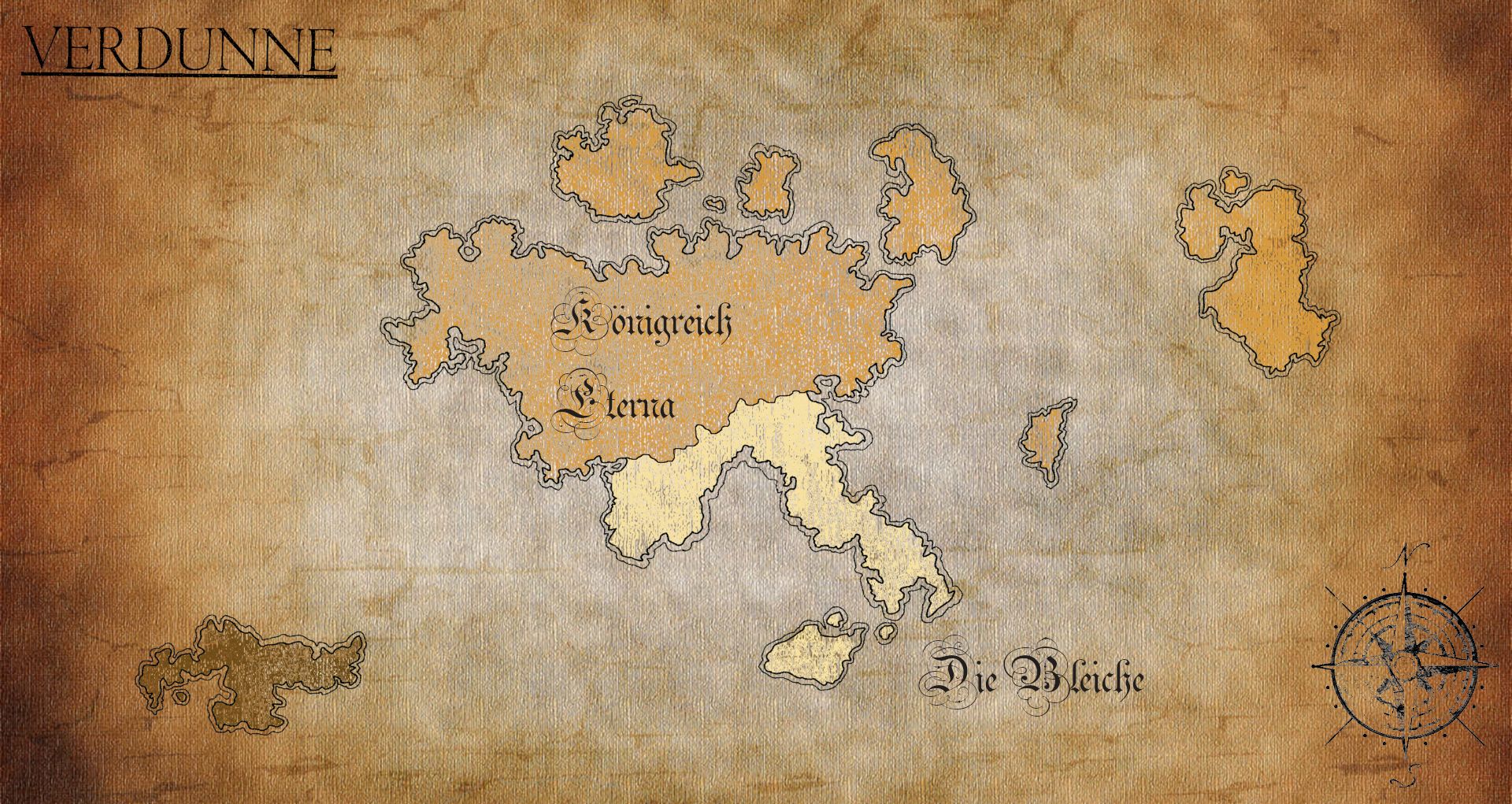 Karte des Kontinents Verdunne mit dem Königreich Eterna, der Wüstenregion Die Bleiche im Süden und mehreren Inseln